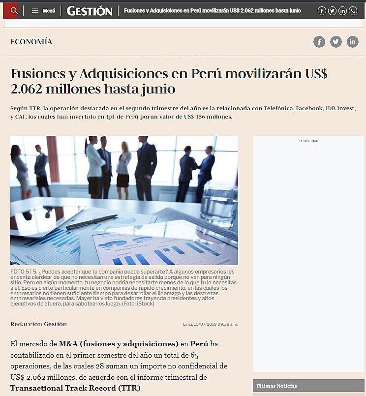 Fusiones y Adquisiciones en Per movilizarn US$ 2.062 millones hasta junio